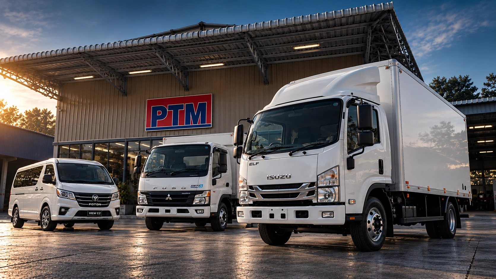 Commercial vehicles outside a PTM-branded dealership