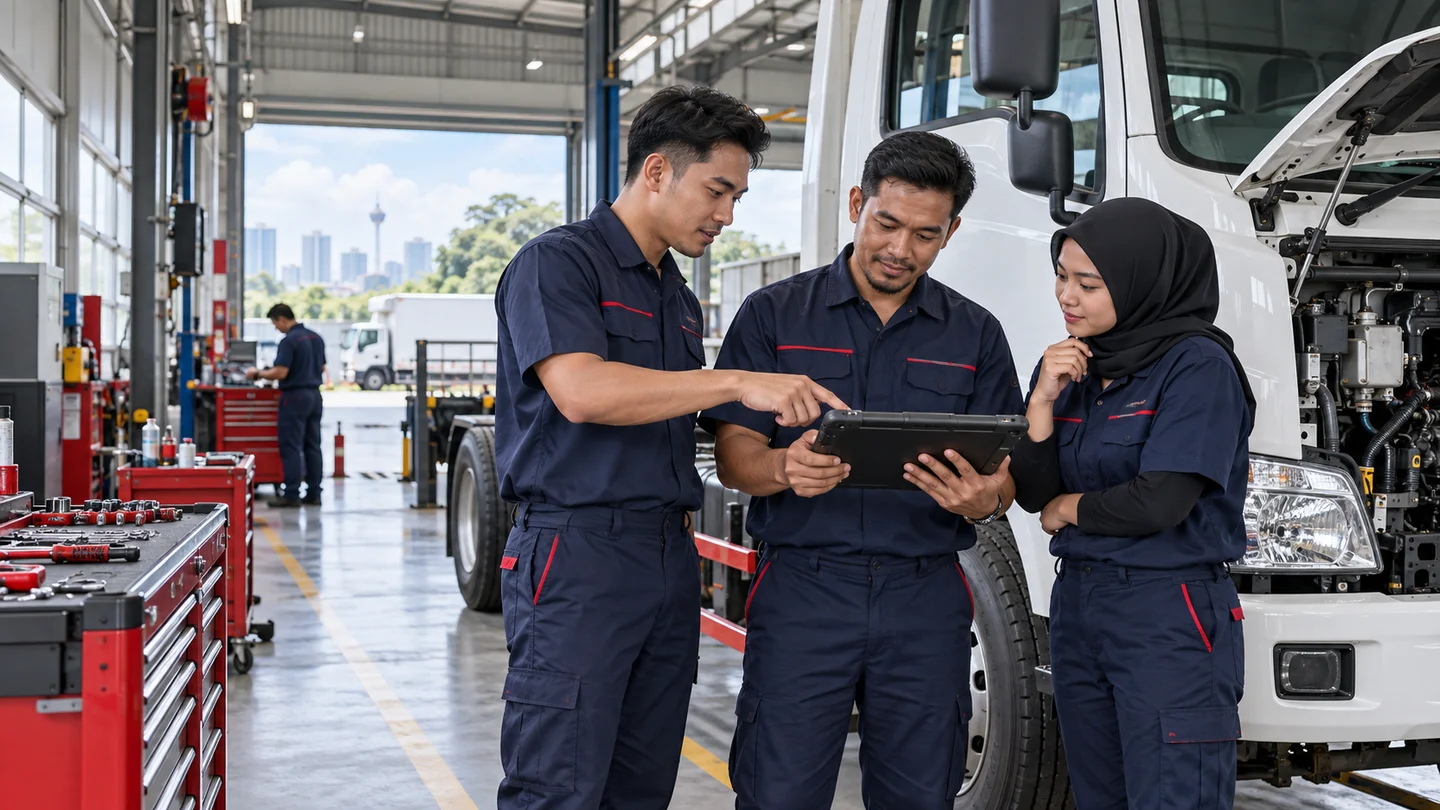 Workshop team discussing a commercial vehicle job